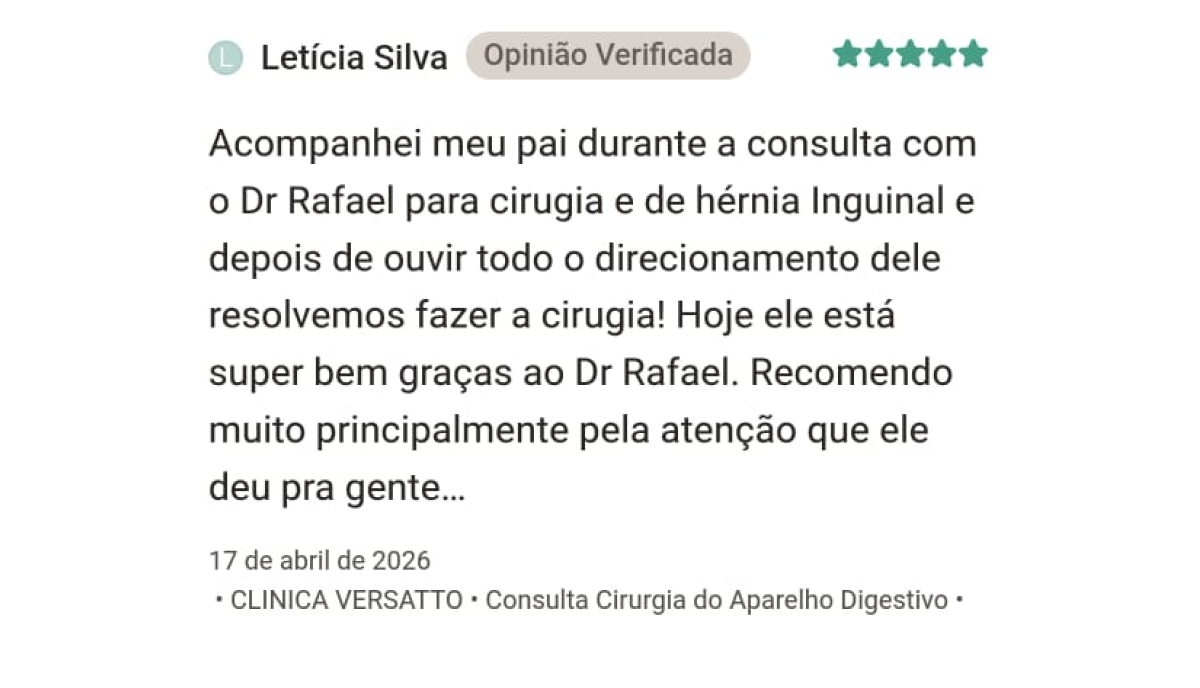 Avaliação de Letícia Silva, 5 estrelas: cirurgia de hérnia inguinal